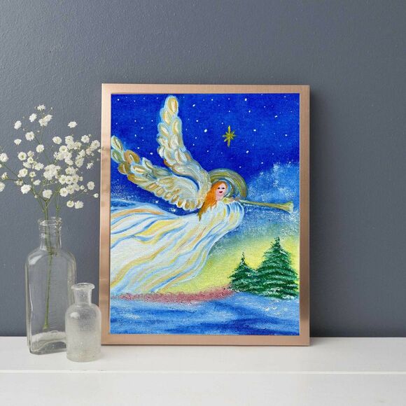 Original Oil Painting Angel Trumpet Christmas Winter Night Sky 8x10 Canvas Art - Picture 4 of 11